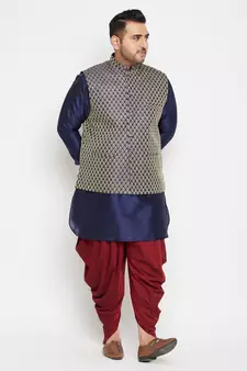 Navy Blue, Blue And White Silk Blend Jacket Kurta Dhoti Set