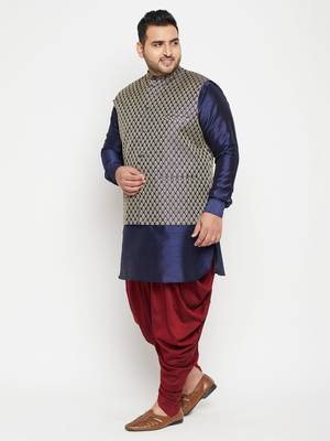 Navy Blue, Blue And White Silk Blend Jacket Kurta Dhoti Set 3