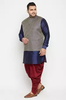 Navy Blue, Blue And White Silk Blend Jacket Kurta Dhoti Set