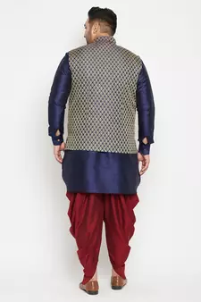 Navy Blue, Blue And White Silk Blend Jacket Kurta Dhoti Set