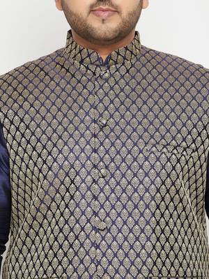 Navy Blue, Blue And White Silk Blend Jacket Kurta Dhoti Set 5