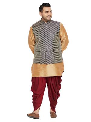 Rose Gold, Blue And White Silk Blend Jacket Kurta Dhoti Set 1