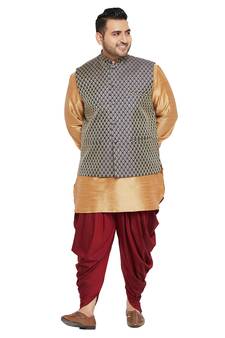 Men'S Rose Gold, Blue And White Silk Blend Jacket Kurta Dhoti Set