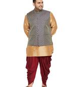 Rose Gold, Blue And White Silk Blend Jacket Kurta Dhoti Set