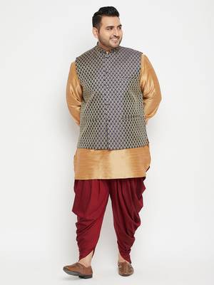 Rose Gold, Blue And White Silk Blend Jacket Kurta Dhoti Set 2