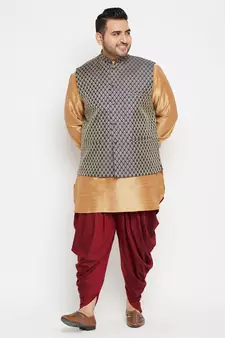 Rose Gold, Blue And White Silk Blend Jacket Kurta Dhoti Set