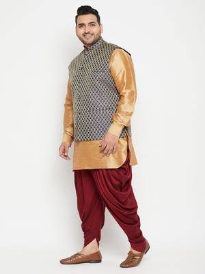 Rose Gold, Blue And White Silk Blend Jacket Kurta Dhoti Set 3