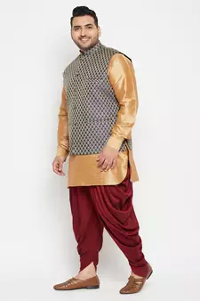 Rose Gold, Blue And White Silk Blend Jacket Kurta Dhoti Set