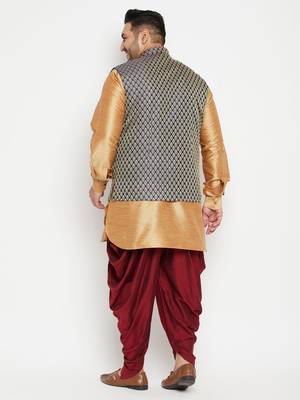 Rose Gold, Blue And White Silk Blend Jacket Kurta Dhoti Set 4