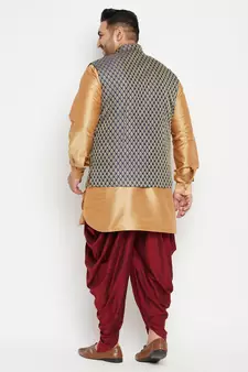 Rose Gold, Blue And White Silk Blend Jacket Kurta Dhoti Set