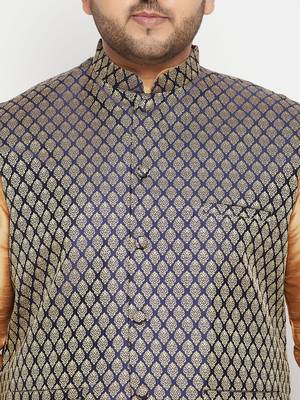 Rose Gold, Blue And White Silk Blend Jacket Kurta Dhoti Set 5