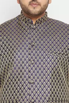 Rose Gold, Blue And White Silk Blend Jacket Kurta Dhoti Set