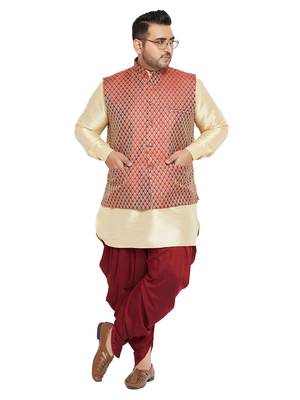 Gold, Maroon And White Silk Blend Jacket Kurta Dhoti Set 1