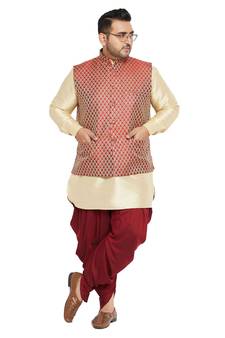Men'S Gold, Maroon And White Silk Blend Jacket Kurta Dhoti Set