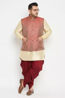 Gold, Maroon And White Silk Blend Jacket Kurta Dhoti Set