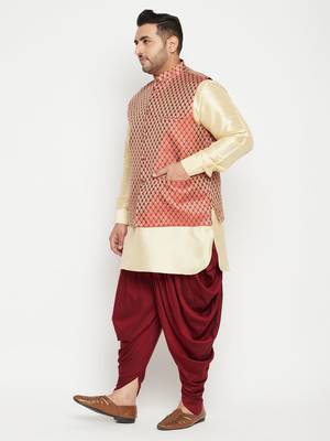 Gold, Maroon And White Silk Blend Jacket Kurta Dhoti Set 3