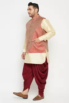 Gold, Maroon And White Silk Blend Jacket Kurta Dhoti Set