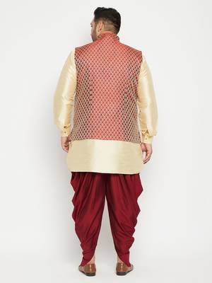 Gold, Maroon And White Silk Blend Jacket Kurta Dhoti Set 4
