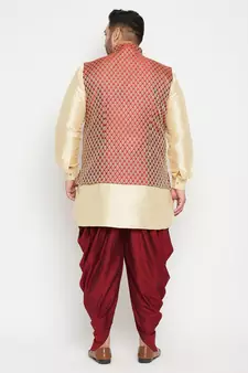 Gold, Maroon And White Silk Blend Jacket Kurta Dhoti Set