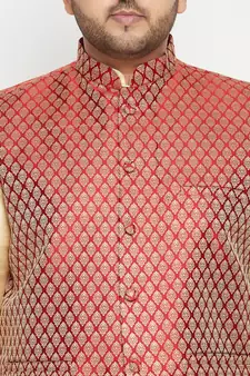 Gold, Maroon And White Silk Blend Jacket Kurta Dhoti Set
