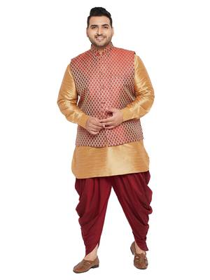 Rose Gold, Maroon And White Silk Blend Jacket Kurta Dhoti Set 1