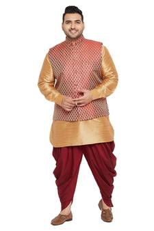 Men'S Rose Gold, Maroon And White Silk Blend Jacket Kurta Dhoti Set