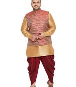 Rose Gold, Maroon And White Silk Blend Jacket Kurta Dhoti Set