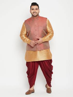 Rose Gold, Maroon And White Silk Blend Jacket Kurta Dhoti Set 2
