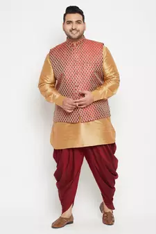 Rose Gold, Maroon And White Silk Blend Jacket Kurta Dhoti Set