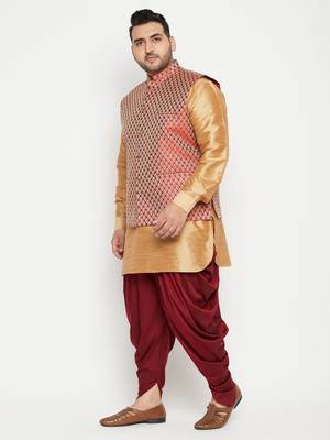 Rose Gold, Maroon And White Silk Blend Jacket Kurta Dhoti Set 3