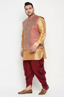 Rose Gold, Maroon And White Silk Blend Jacket Kurta Dhoti Set