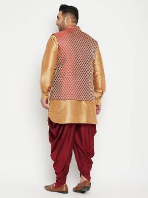 Rose Gold, Maroon And White Silk Blend Jacket Kurta Dhoti Set 4