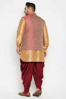 Rose Gold, Maroon And White Silk Blend Jacket Kurta Dhoti Set
