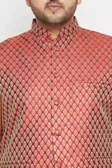 Rose Gold, Maroon And White Silk Blend Jacket Kurta Dhoti Set