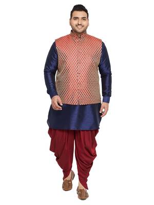 Men'S Navy Blue And Maroon Silk Blend Jacket Kurta Dhoti Set 1