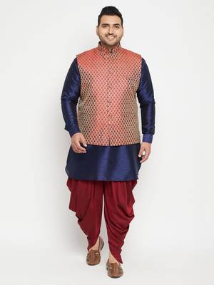 Men'S Navy Blue And Maroon Silk Blend Jacket Kurta Dhoti Set 2