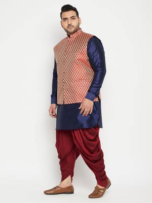 Men'S Navy Blue And Maroon Silk Blend Jacket Kurta Dhoti Set 3