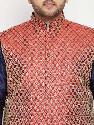 Men'S Navy Blue And Maroon Silk Blend Jacket Kurta Dhoti Set 5