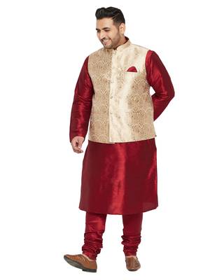 Maroon, Rose Gold And White Silk Blend Jacket Kurta Pyjama Set 1