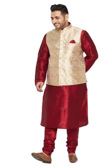 Men'S Maroon, Rose Gold And White Silk Blend Jacket Kurta Pyjama Set
