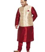Maroon, Rose Gold And White Silk Blend Jacket Kurta Pyjama Set