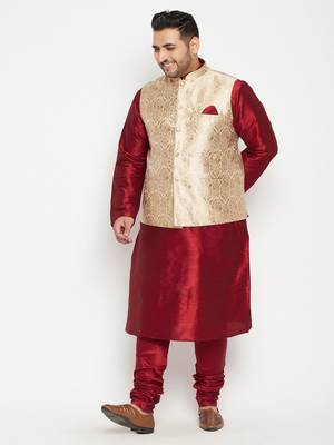 Maroon, Rose Gold And White Silk Blend Jacket Kurta Pyjama Set 2