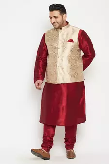 Maroon, Rose Gold And White Silk Blend Jacket Kurta Pyjama Set