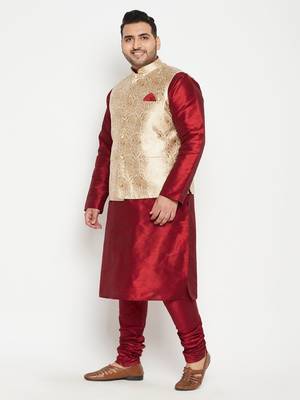 Maroon, Rose Gold And White Silk Blend Jacket Kurta Pyjama Set 3