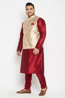Maroon, Rose Gold And White Silk Blend Jacket Kurta Pyjama Set