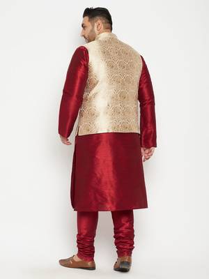 Maroon, Rose Gold And White Silk Blend Jacket Kurta Pyjama Set 4