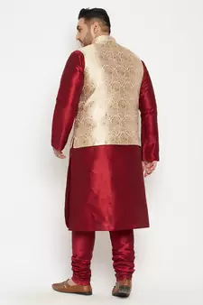 Maroon, Rose Gold And White Silk Blend Jacket Kurta Pyjama Set