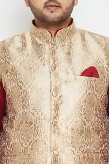 Maroon, Rose Gold And White Silk Blend Jacket Kurta Pyjama Set