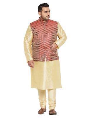Gold, Maroon And White Silk Blend Jacket Kurta Pyjama Set 1
