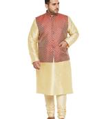 Men'S Gold, Maroon And White Silk Blend Jacket Kurta Pyjama Set